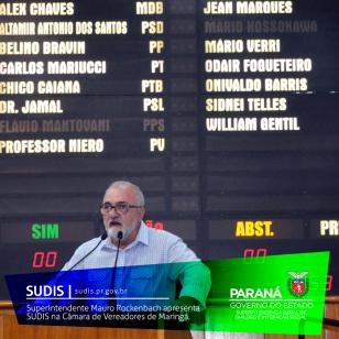 Superintendente Mauro Rockenbach apresenta SUDIS na Câmara de Vereadores de Maringá.